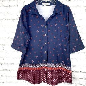 Nwot-carolyn Taylor Blue/Red Print, Flaired Hem, Relaxed Fit, Button-Up Shirt MD
